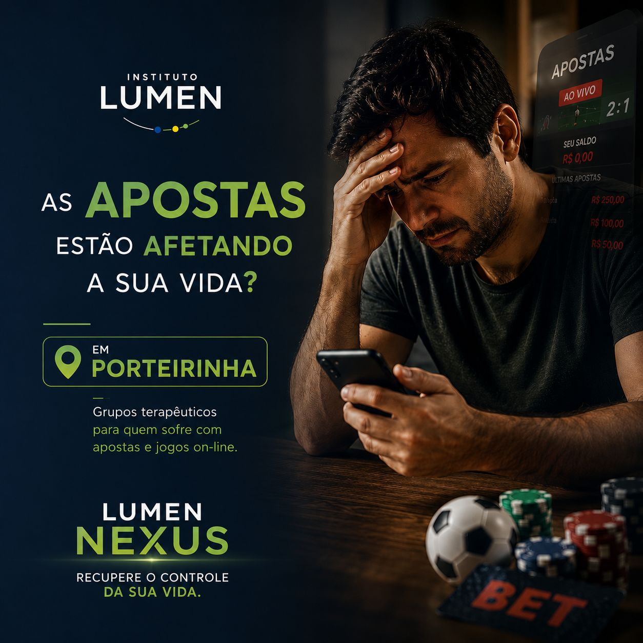 Campanha Lumen Nexus sobre apoio terapêutico para pessoas afetadas por apostas